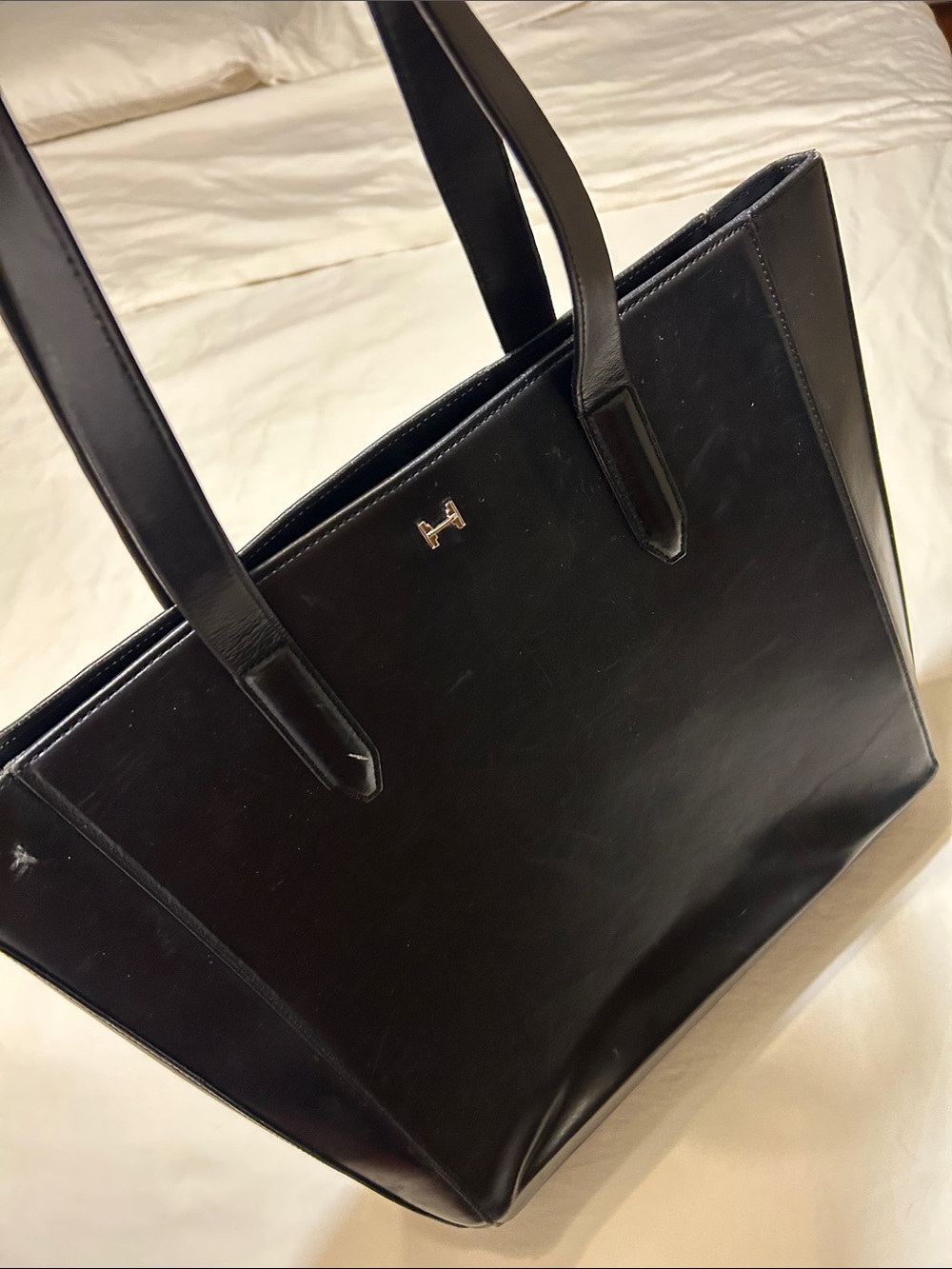 Halston Heritage Black Leather Tote with Gold H Accent
